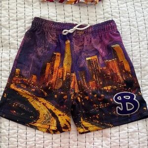 Kids Cityscape Print Shorts - Purple and Orange